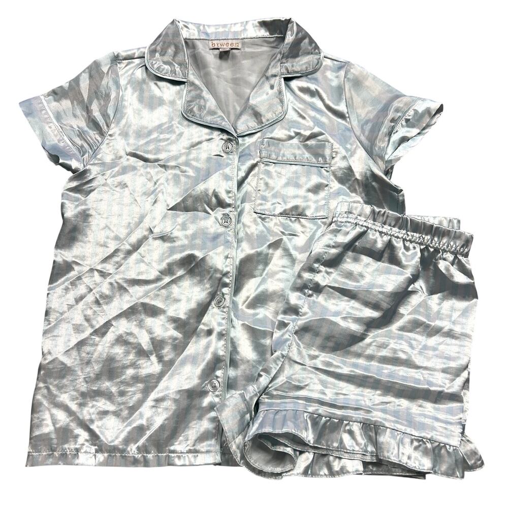 Btween Girls Blue Striped Ruffle Satin Pajama Set Size 10